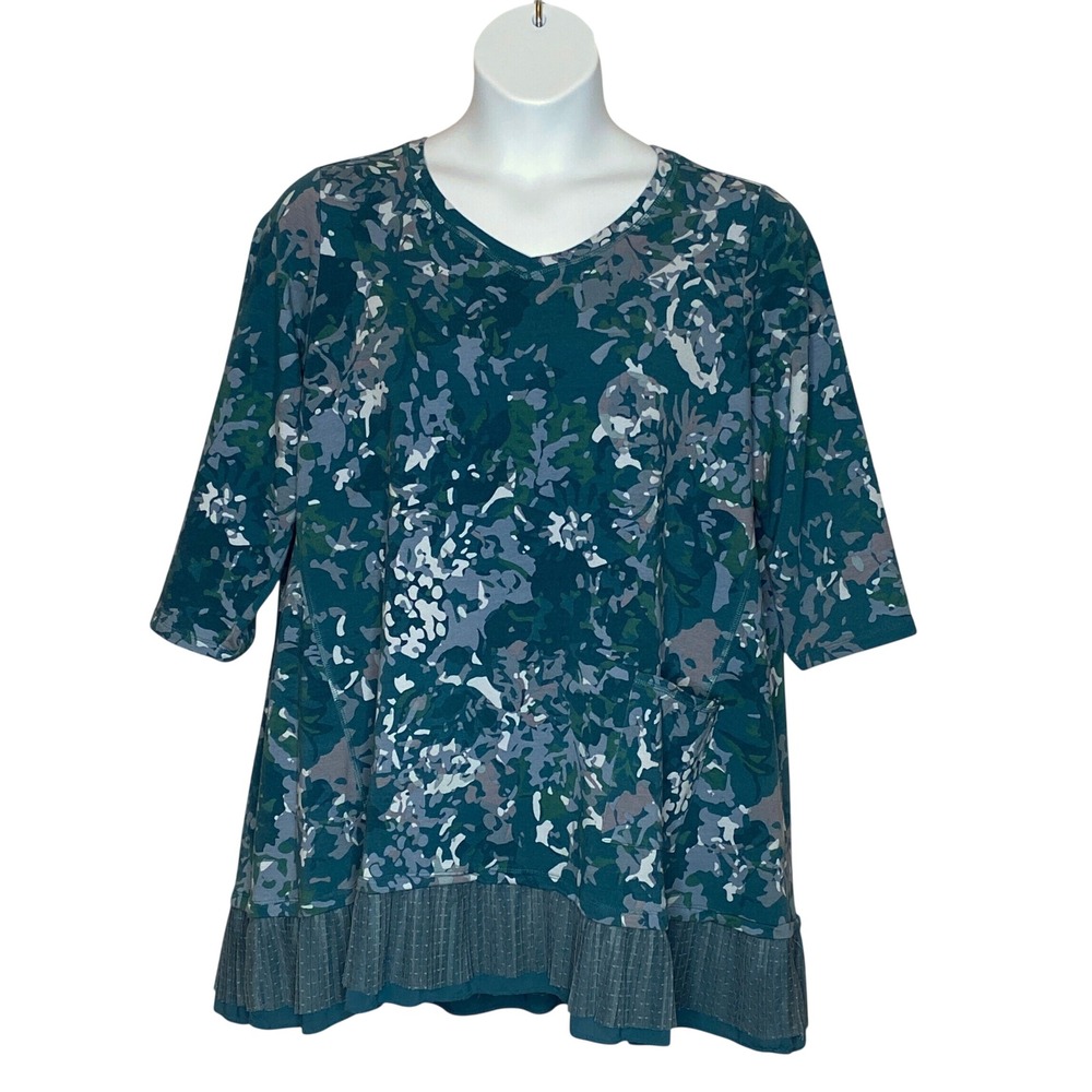 LOGO Lounge Womens Floral Tunic Top 2X Teal Blue Ruffle Hem Artsy Boho Soft Knit